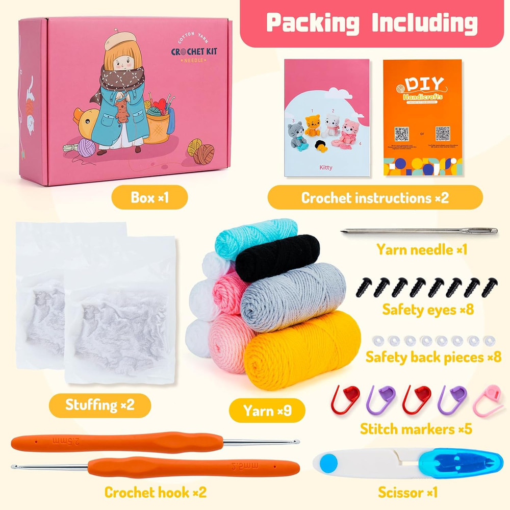 Crochet Kit for Beginners - Cat Crochet Kit with Step-By-Step Video Tutorials, L
