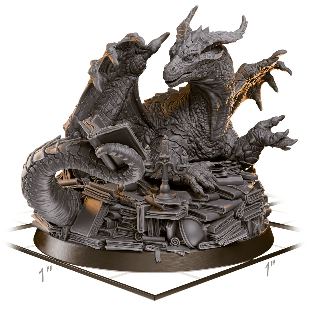 Archive Dragon on Book Hoard 32mm Scale Resin Miniature D&D RPG Scholar Wyrm