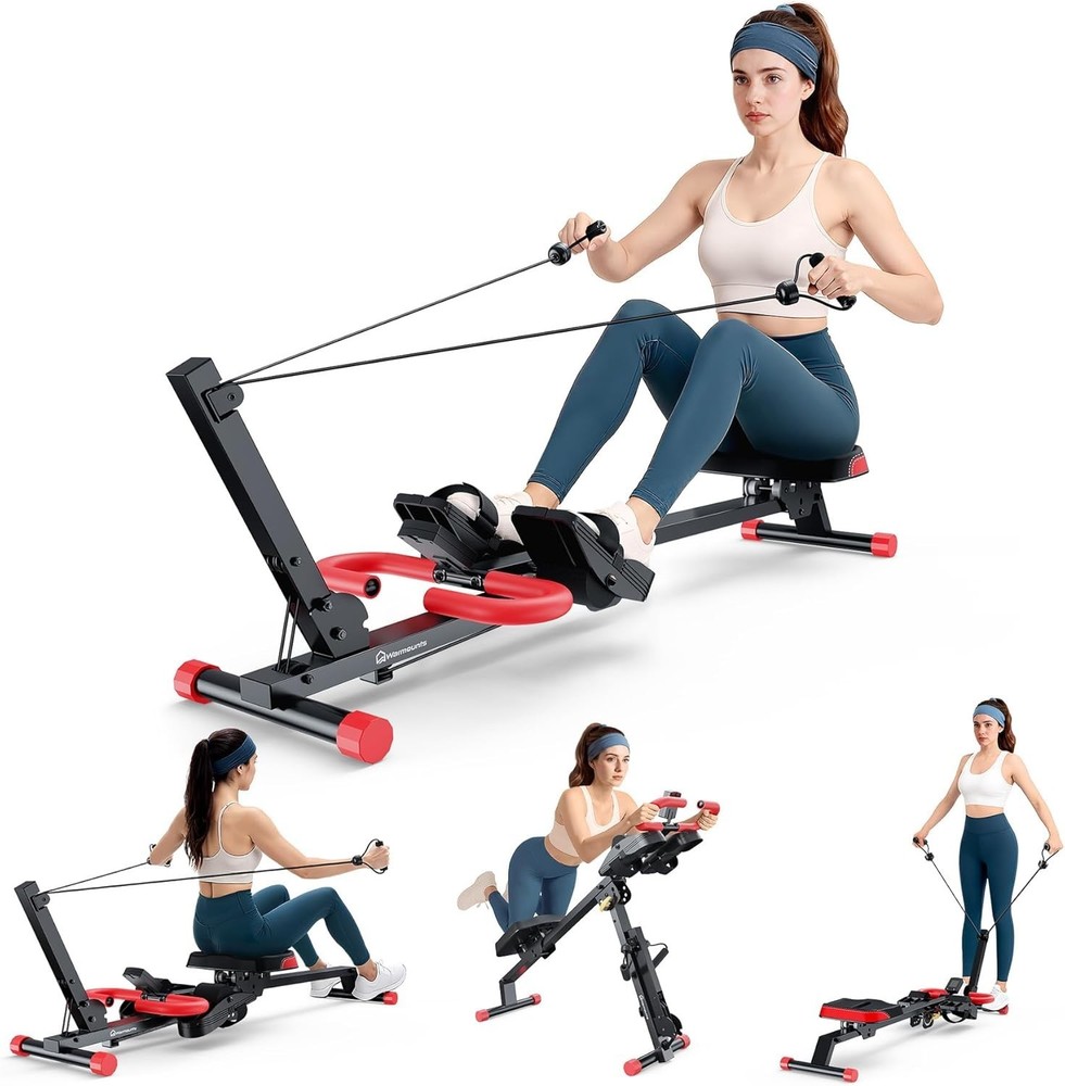 Rowing Machine, 4 in 1 Adjustable Ab Machine with 4 Levels and 4 Heights, Foldab