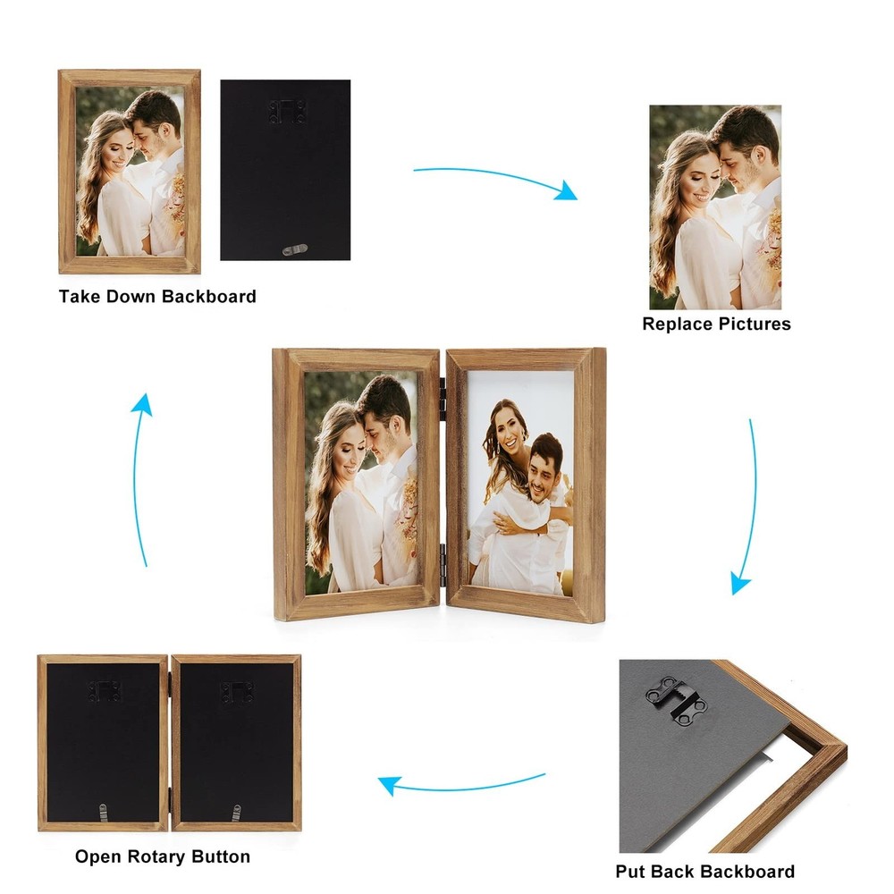 Double 4X4 Picture Frames Hinged Folding Rustic Photo Frames in Brown for Wal...