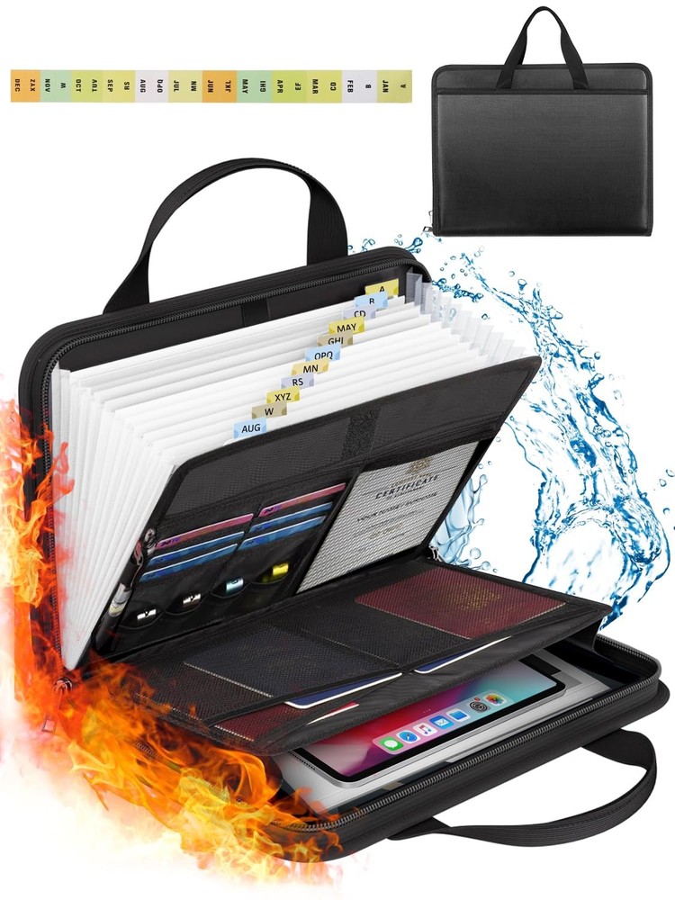 Important Document Organizer with Handle, Fireproof Accordion File Black Storage