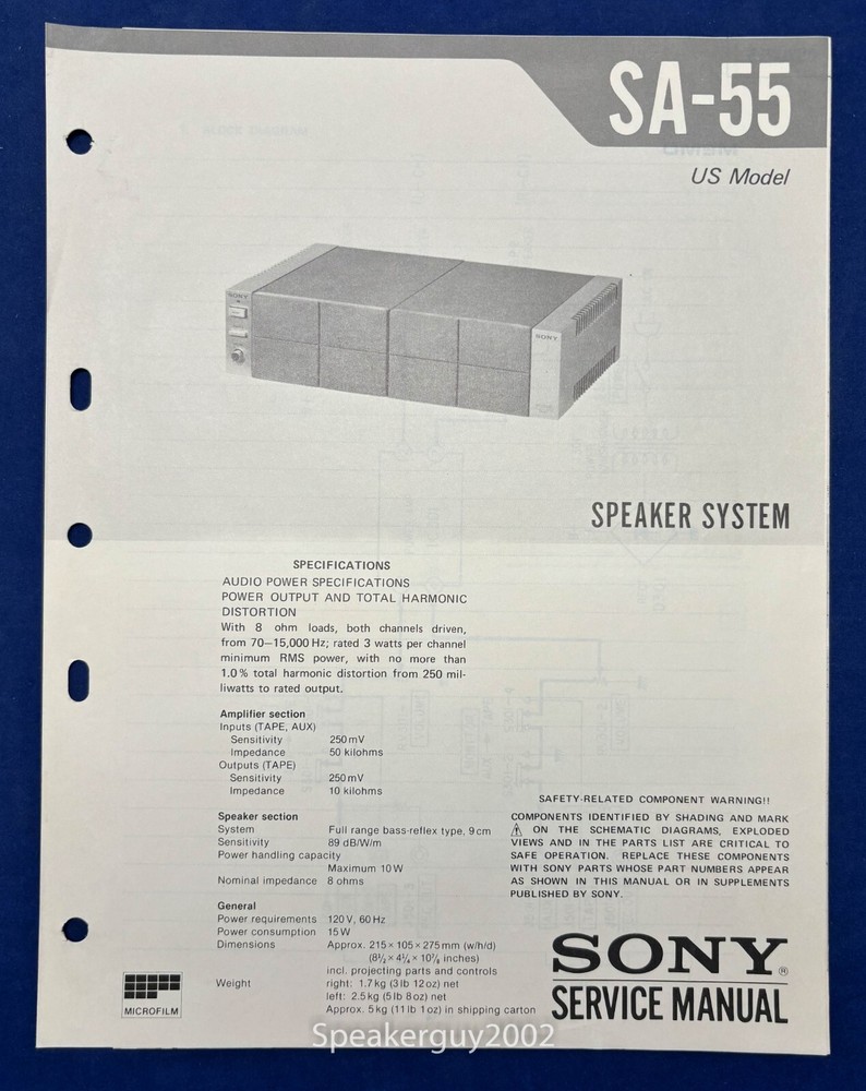 Original Sony SA-55 Speaker System Service Manual