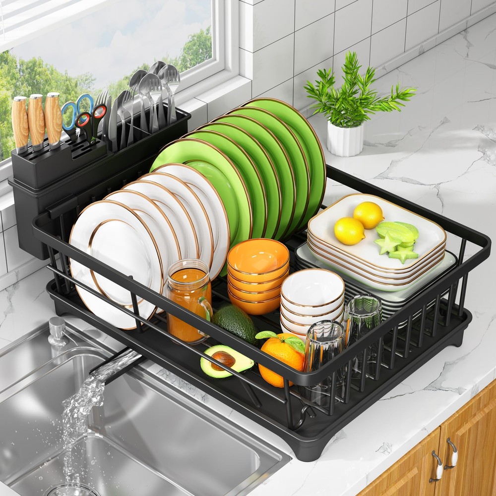 Compact Dish Drying Rack Countertop Rust Resistant Drainer with Utensil