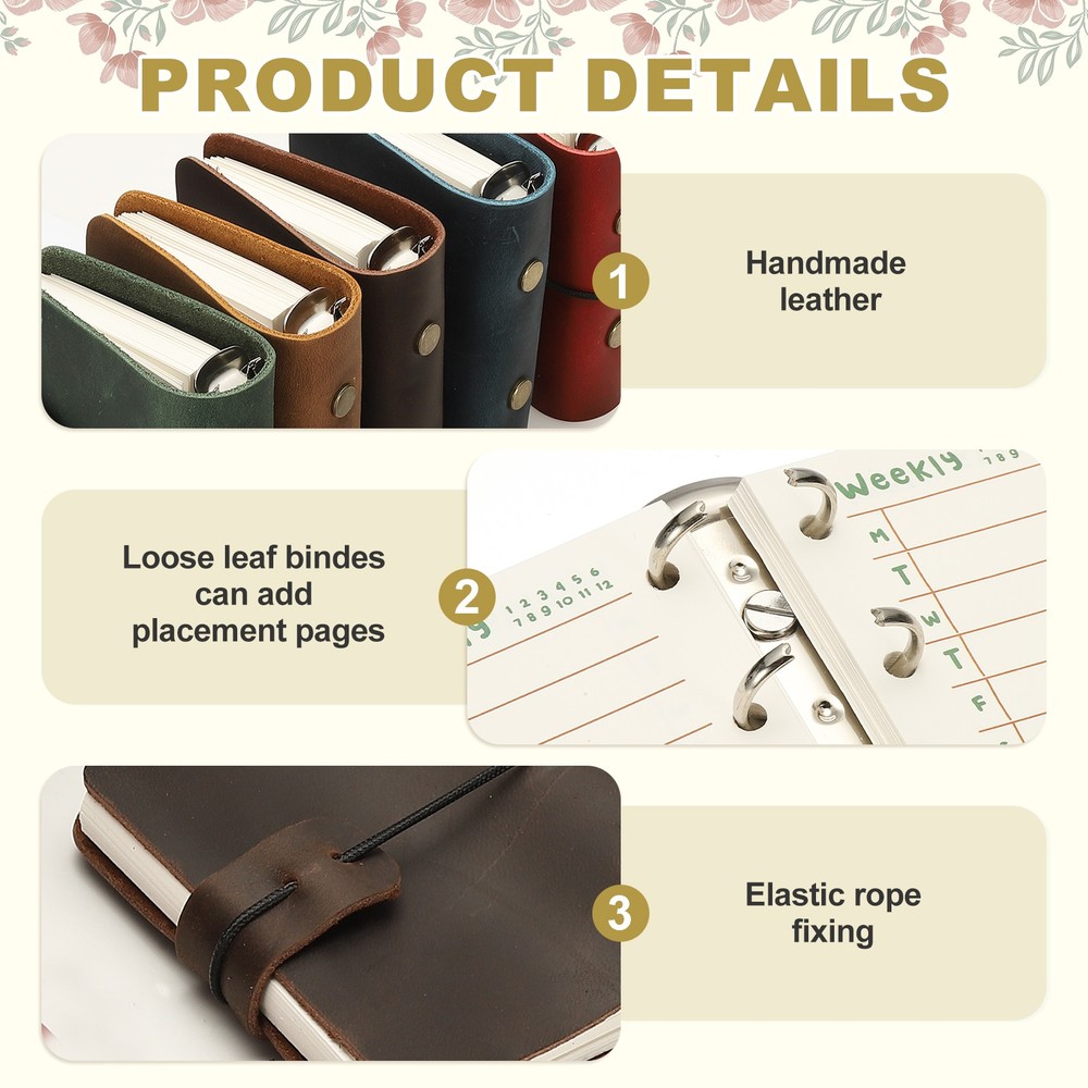 A9 Leather Journal 3 Ring Notebook Binder Planner Loose Leaf, Dark Brown