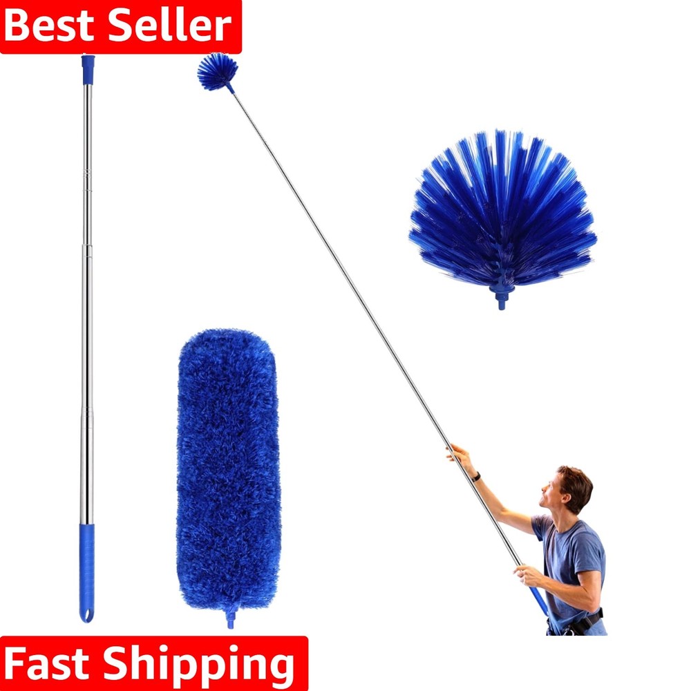 Extending Cobweb Duster Kit with 2 Washable Heads & Telescoping Pole in Blue