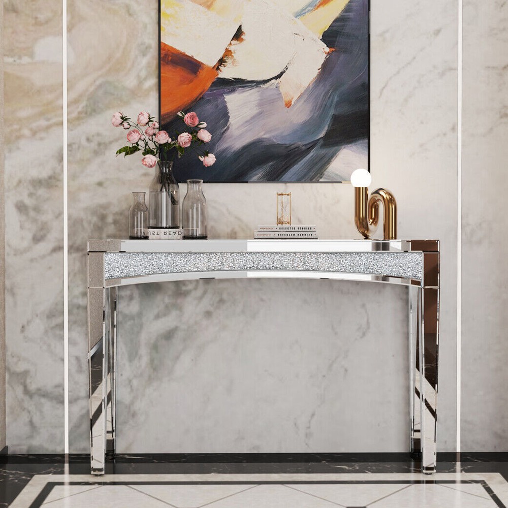 Modern Console Table Mirrored Finished Glam Silver Entryway Table Crystals Inlay