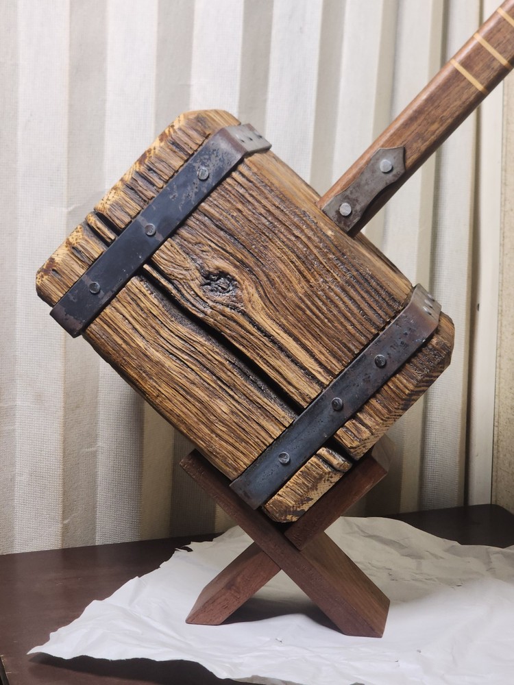 Thor's Hammer, Medieval Viking Solid Oak Head Walnut Handle With Display Stand