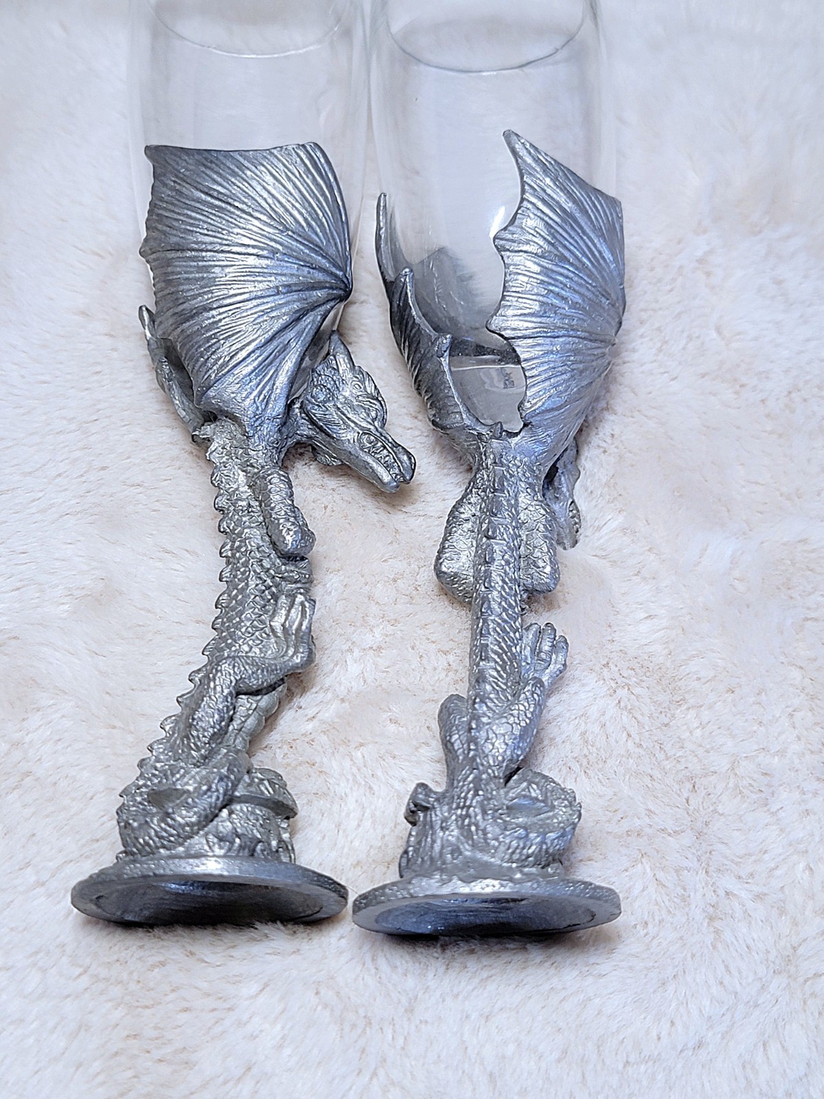 Set of 6 Solid Heavy Fantasy Pewter Dragon Champagne Glass Flute 8" D&D Gothic