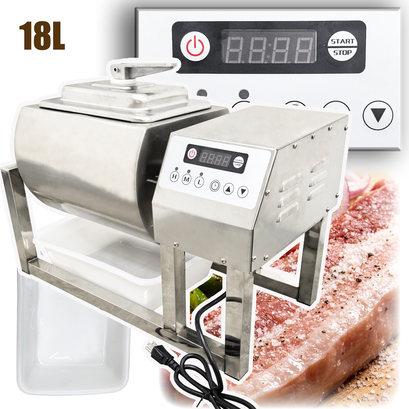 18L Commercial Tumbler Marinator Round Drum Auto Rotatable Meat Curer Machine