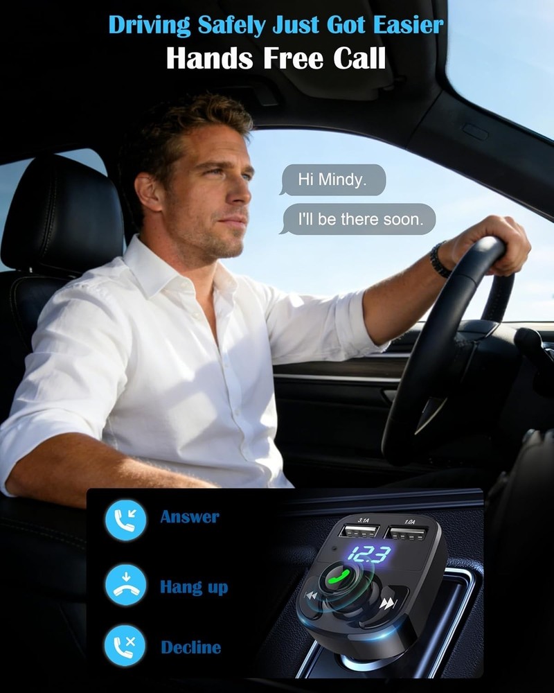 Handsfree Call Car Charger, Wireless Bluetooth 5.3 FM Transmitter Radio Receiver