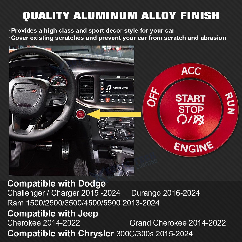 Red Engine Push Start Button & Surrounding Ring Fit Dodge Charger Challenger 10+