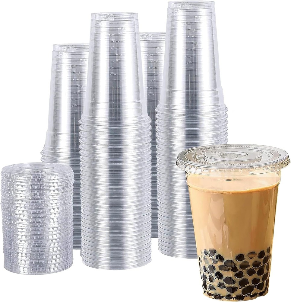 Crystal Clear 20 oz Plastic Cold Drink Cups with Flat Lids - 100 Count