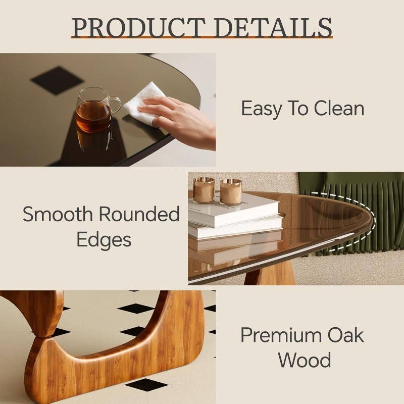 Coffee Table for Living Room Mid Century Modern Center Table Glass Top and Wood