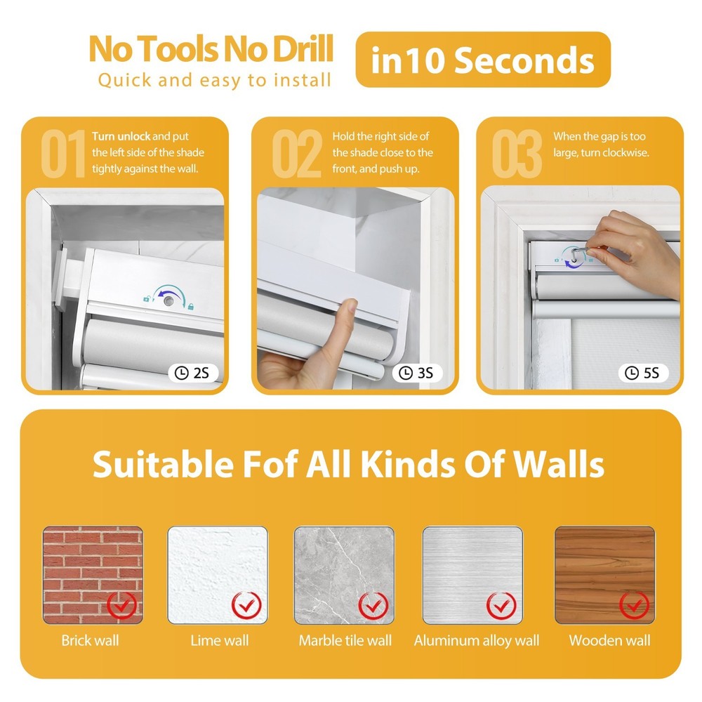 Cordless No-Drill Motorized Roller Blinds with Remote Control Solar Panel Includ