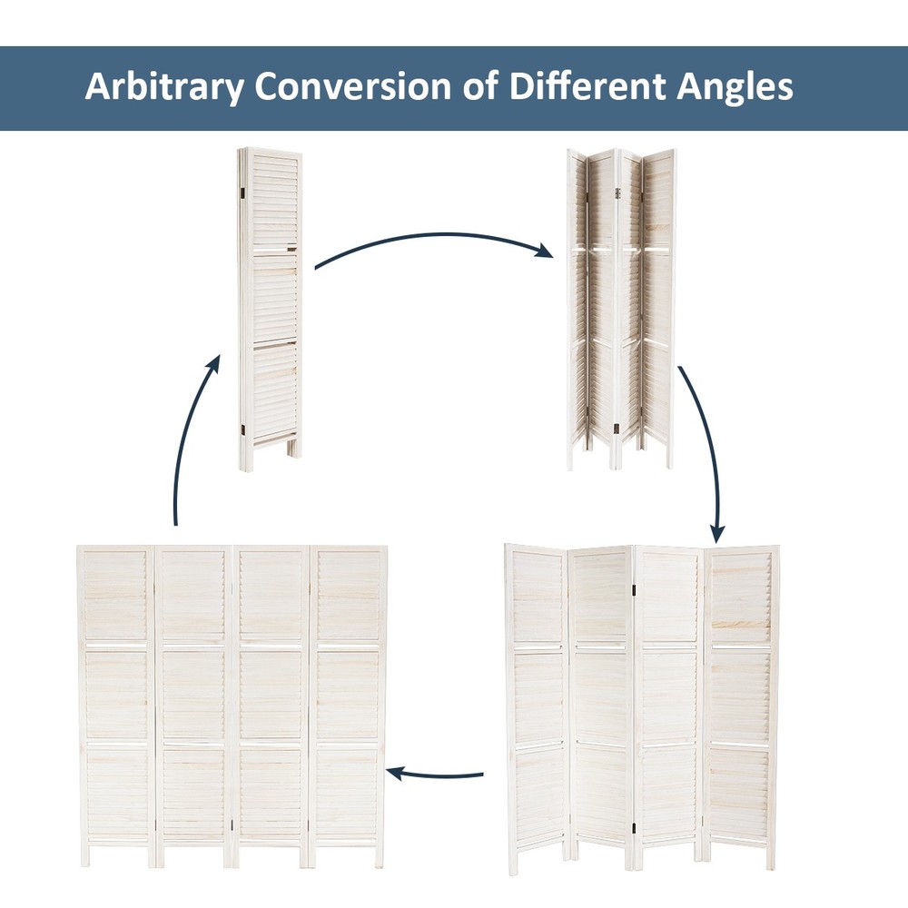 4 Panel Folding Room Divider Screen W/3 Display Shelves Multi-use Tall White
