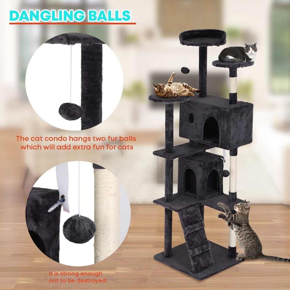 | 70" Cat Tree Tower | Dark Gray | Multi-Level Indoor Activity Center with Si...