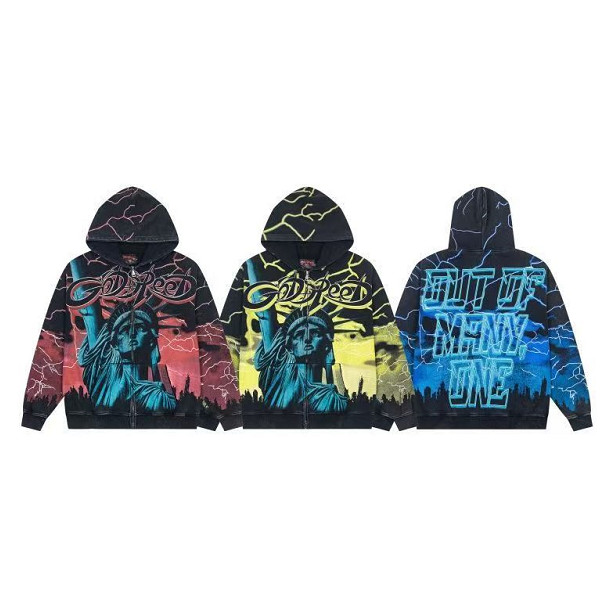 Mens Godspeed Statue of Liberty Lightning Sky Print Long sleeved zipper Hoodie
