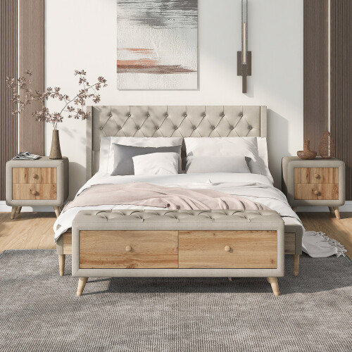 Full Queen Size Bedroom Sets Upholstered Platform Bed Frames Nightstands Bench