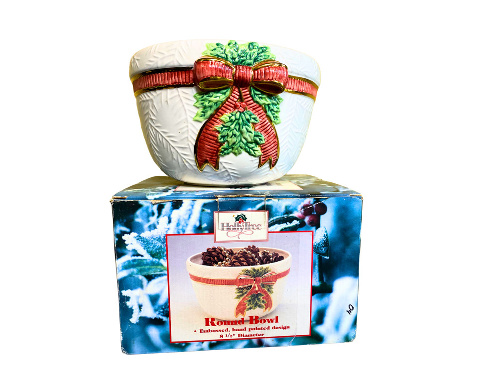 Holly Tree Round Bowl Embossed, Hand-Painted Design
