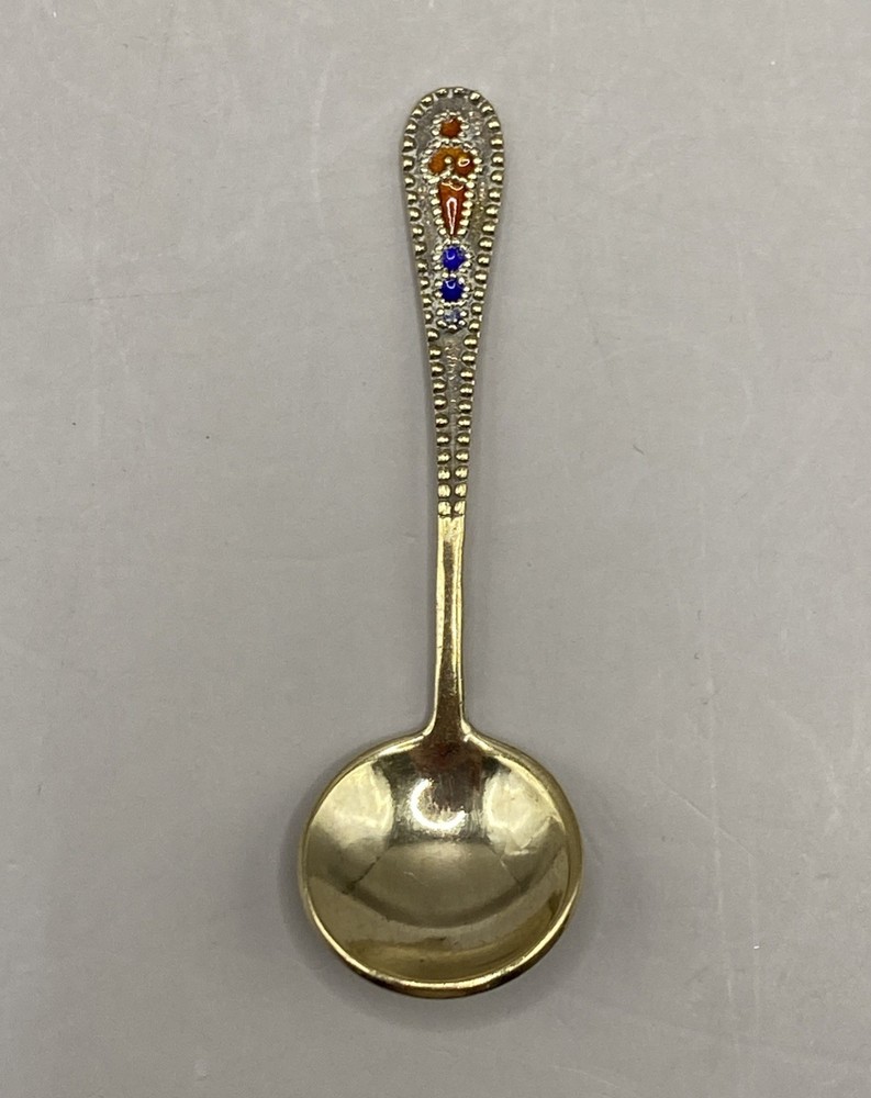 Soviet c.1908 Russian Enamel Silver Salt Spoon Marked 875 3rd Artel Workshop