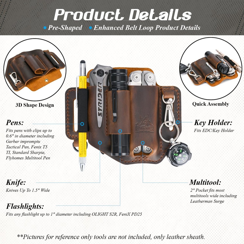 Leather Multitool Sheath | Handmade Stitched Belt Organizer for EDC Tools