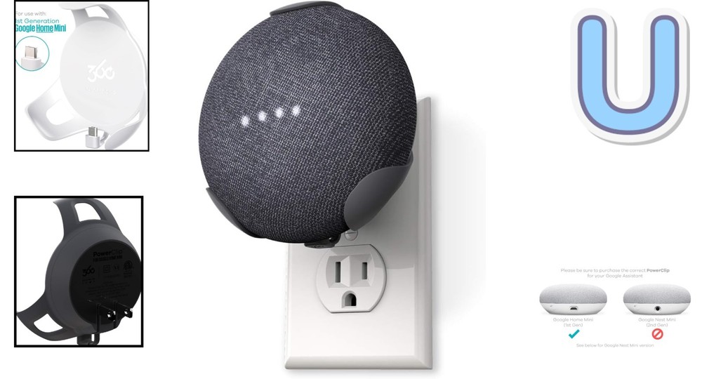 360° Rotatable PowerClip Outlet Mount for Google Home Mini - Space-Saving Holder
