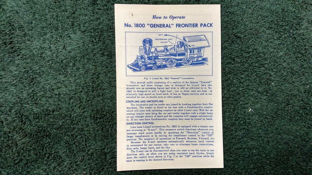 LIONEL # 1800 GENERAL FRONTIER PACK INSTRUCTIONS PHOTOCOPY