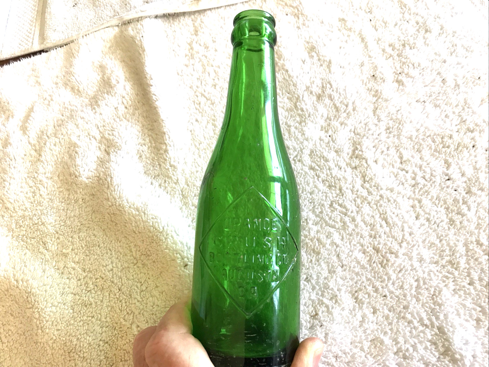 ORANGE CRUSH VINTAGE GREEN GLASS EMBOSSED BOTTLE, AUGUSTA, GEORGIA..RARE