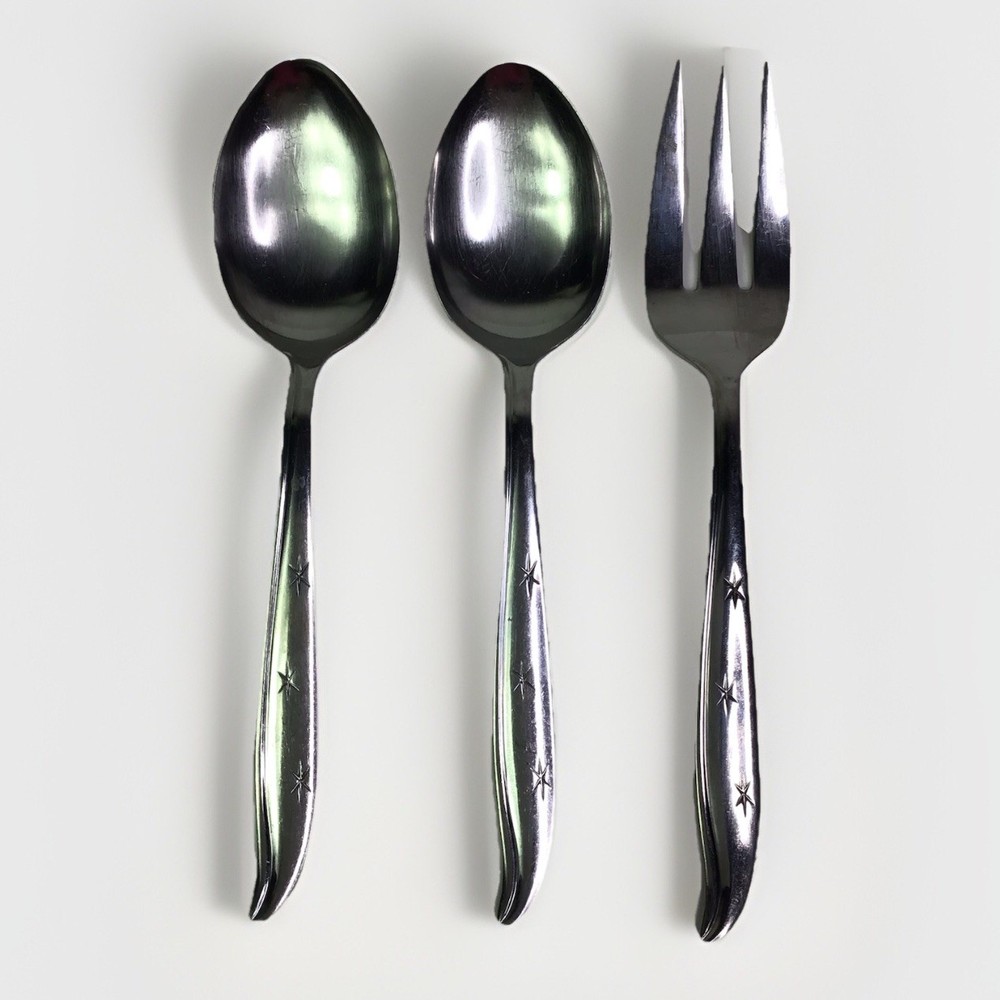 NS CO Starette 3 Pc Stainless Serving Set Stars 2- Solid Spoons & Fork JAPAN