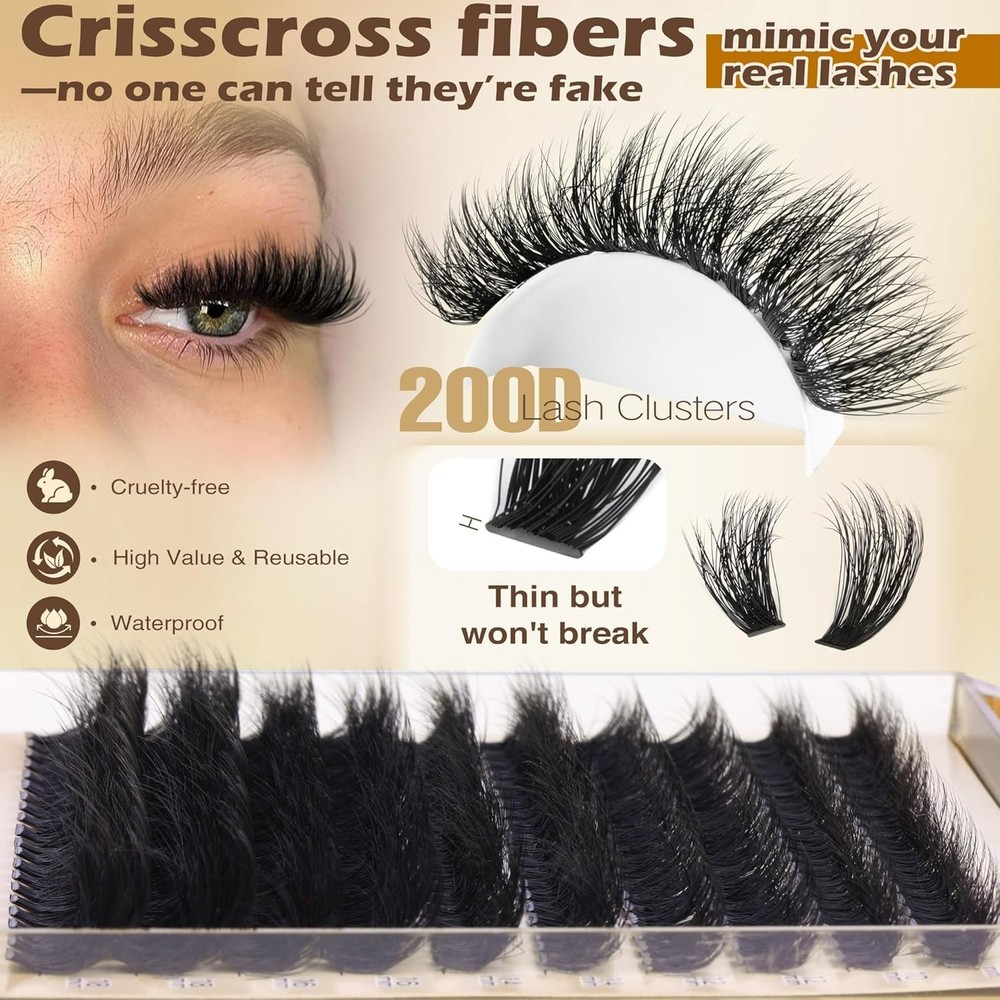 Lash Extension Kit: 200 Fluffy Clusters & Essentials for Home Application