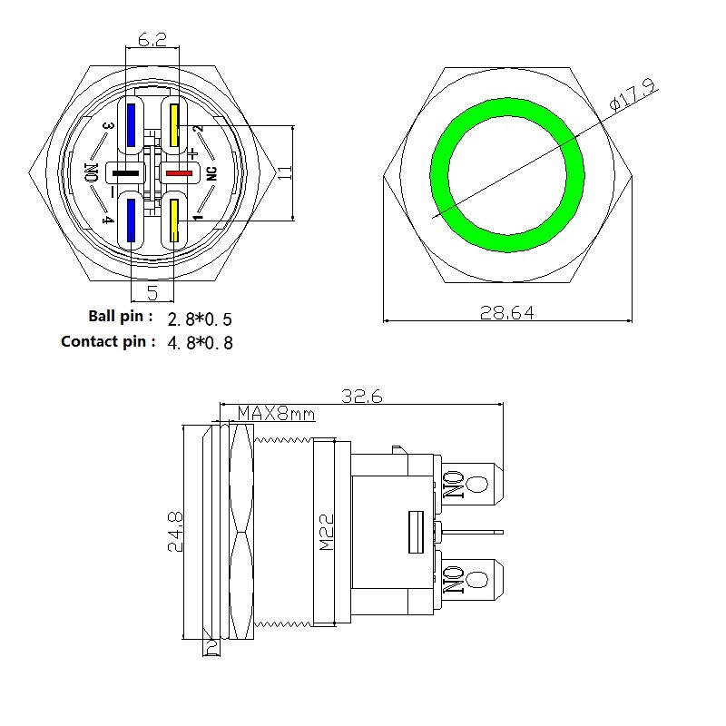 22mm18A2NOHigh current waterproof push button switch High head Ring luminescence