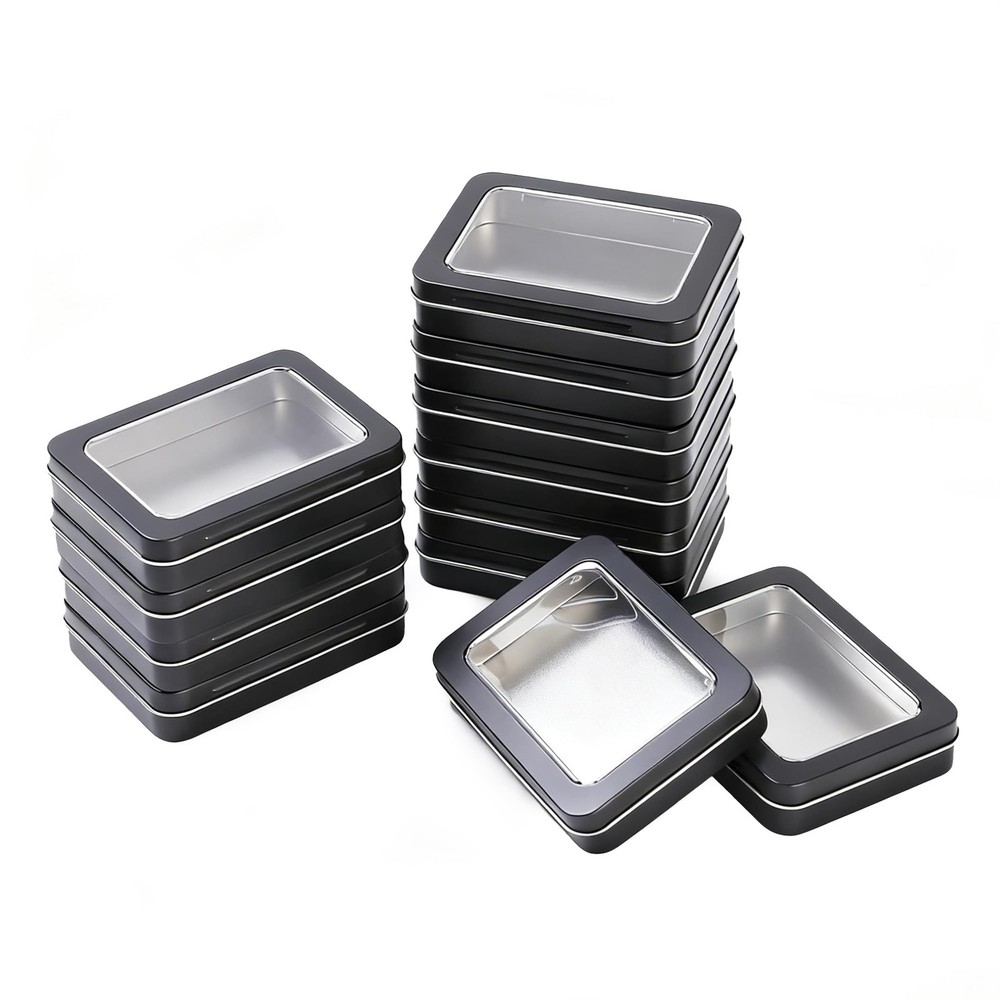 LJY 12 Pack Empty Rectangular Metal Storage Organizer Tins with Black+Window