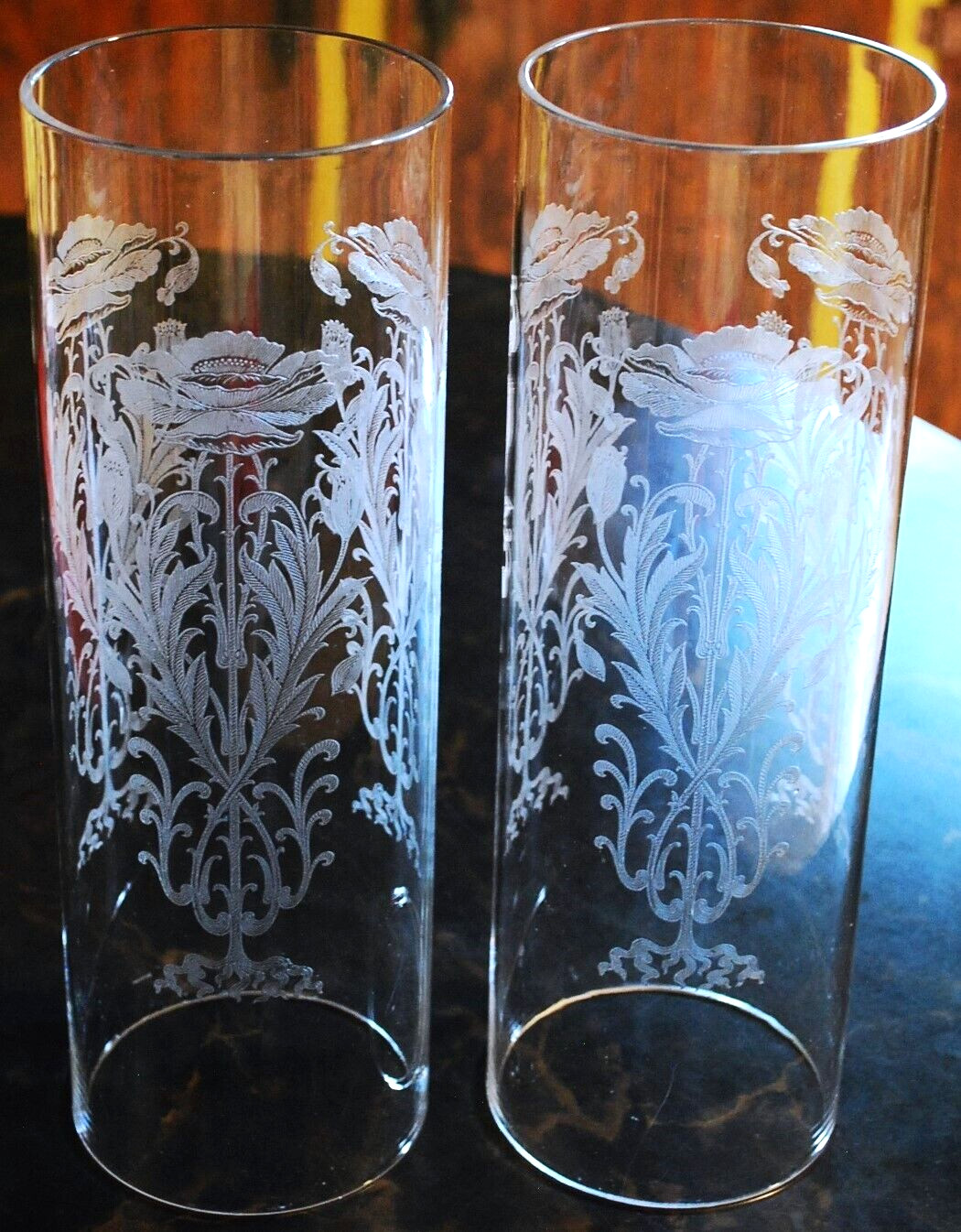 Set 2 TIFFIN FRANCISCAN Crystal Hurricane Lampshades FLANDERS CLEAR ETCH POPPIES