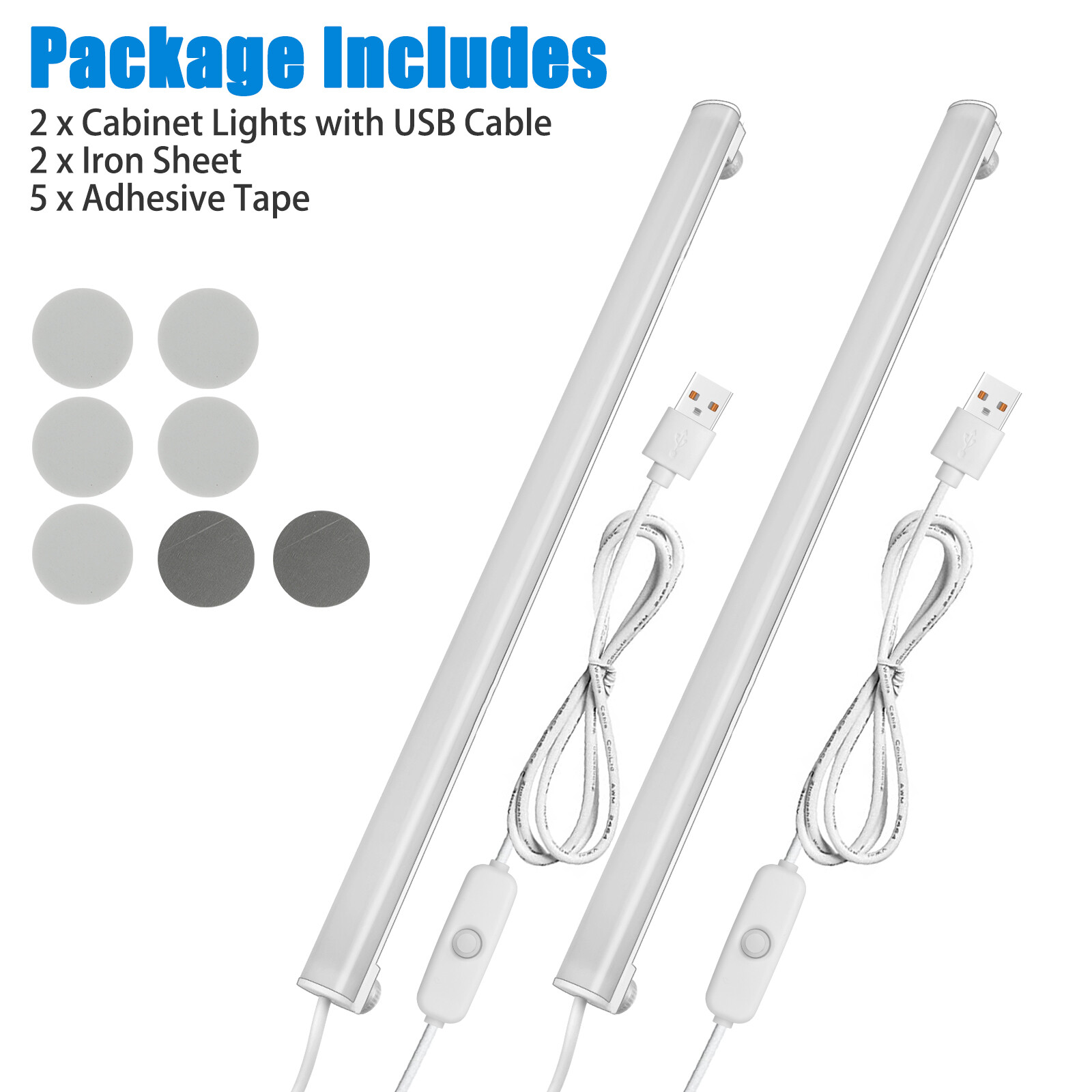 2X LED Kitchen Under Cabinet Closet Shelf Lighting Strip Bar USB Light Lamp Kit