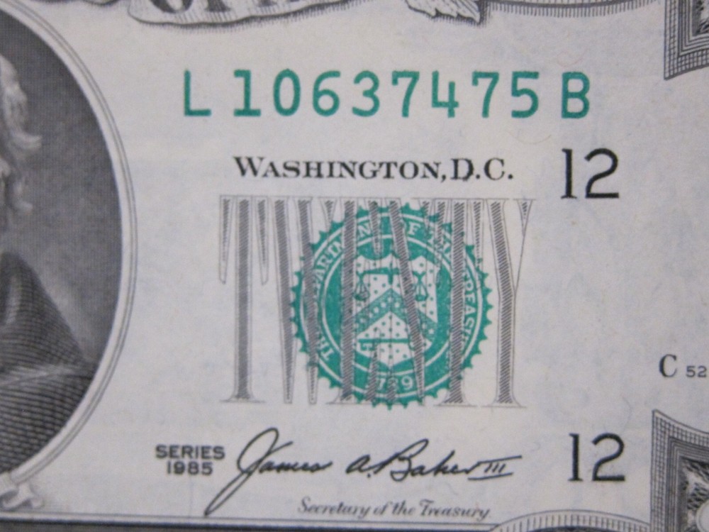 1985 $20 Printing Error on Back #L02465259G