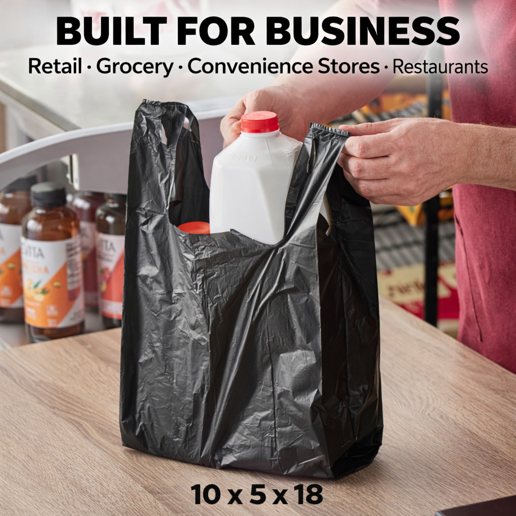 Black T-Shirt Bags 10x5x18 0.63 Mil Medium Duty Plastic Grocery Retail Bags Bulk