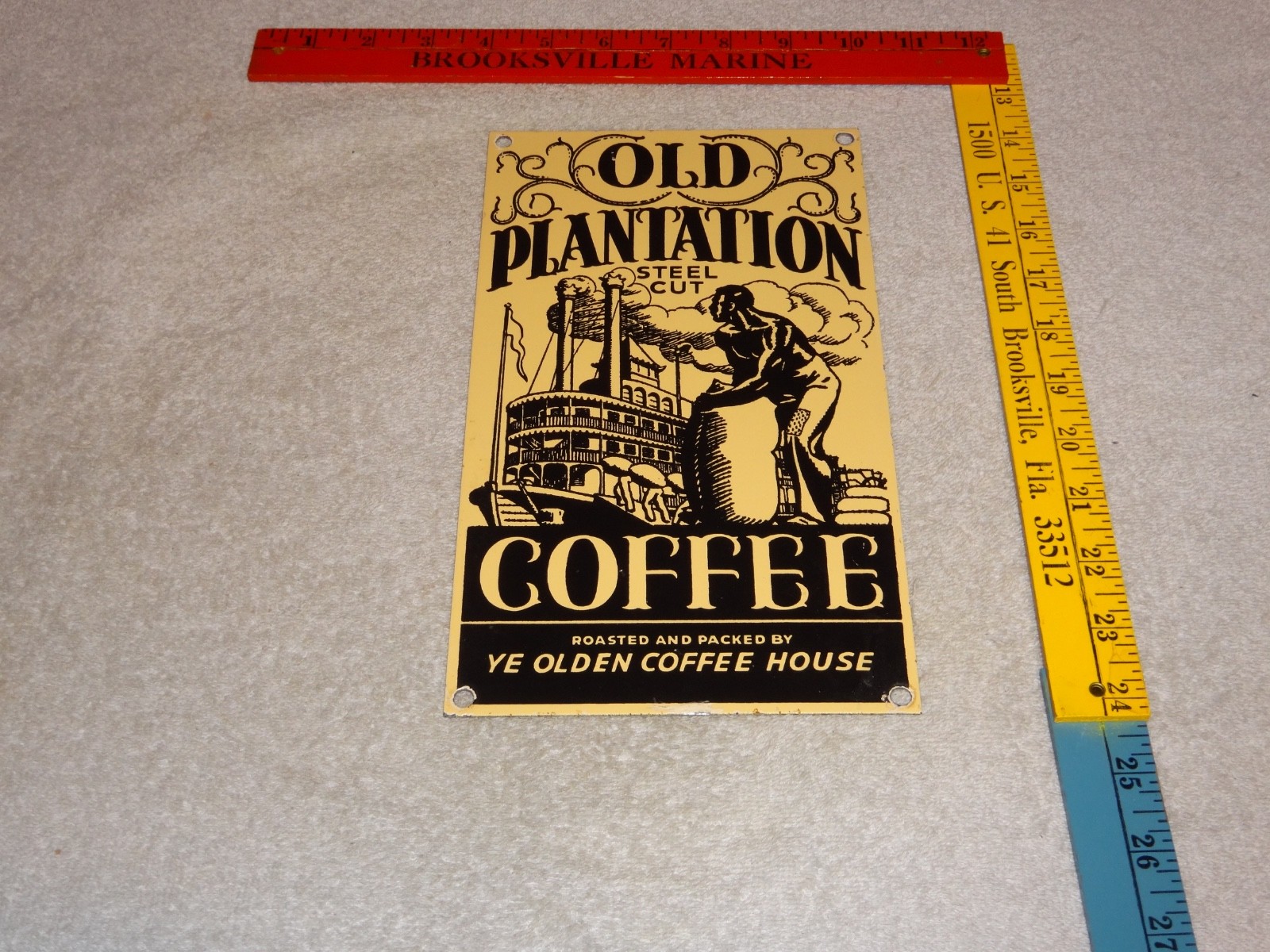 VINTAGE OLD PLANTATION COFFEE W/ PADDLE BOAT 10.5" PORCELAIN METAL GASOLINE SIGN