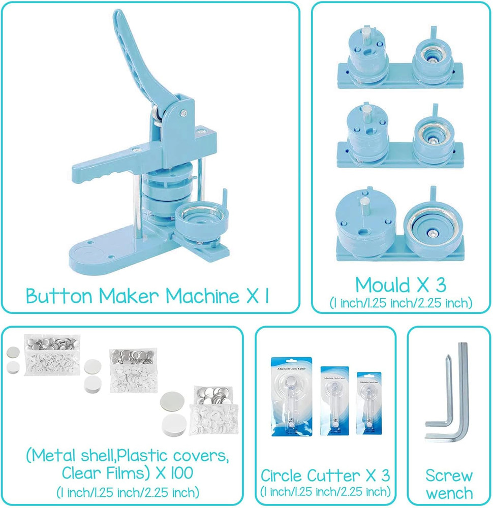 DIY Button Maker Kit - 300 Pins & 3 Circle Cutters - Light Blue