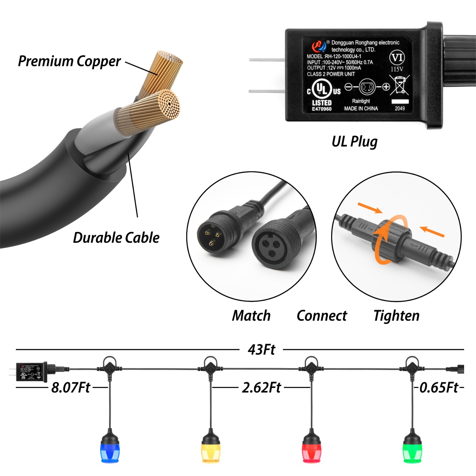 Outdoor String Lights 48FT Waterproof Patio Lights Remote APP Dimmable RGB Color