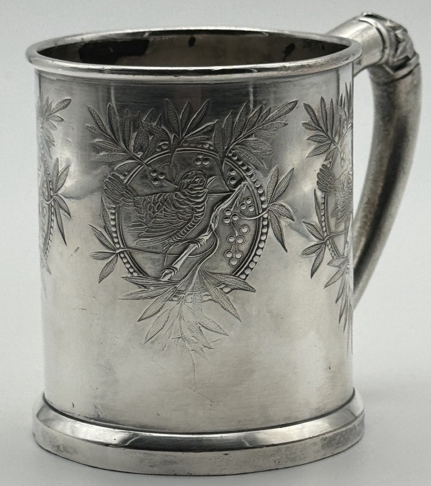 Vintage Mini Silverplate Mug Bird Bamboo Etched 3” Small Cup Keepsake Decor
