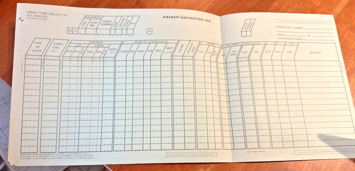 FREE SHIP! Pair of Vintage Unused OPNAV Forms 3360/20 A/C NAVLOG from 1968