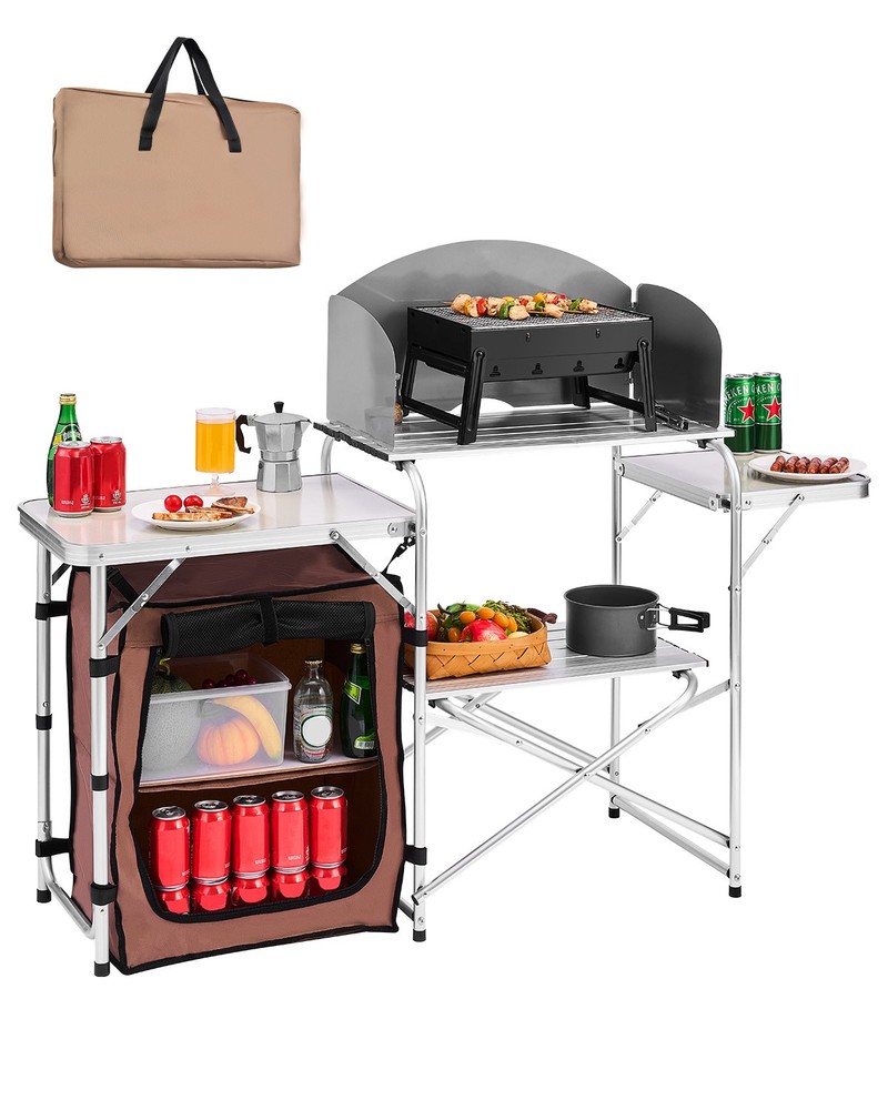 Camping Kitchen Table Picnic Cabinet Folding Cooking Storage Rack Portable Brown