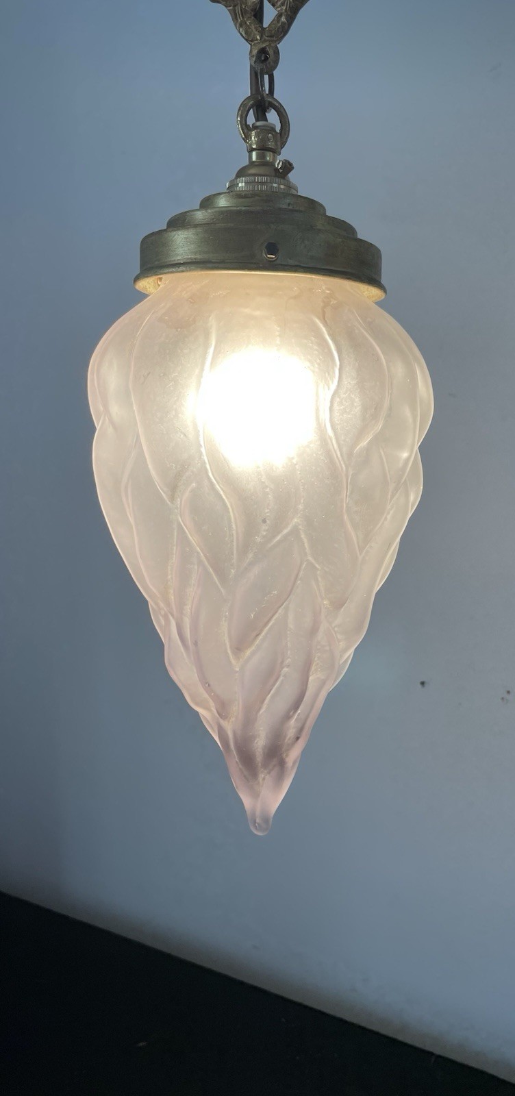 Art Deco French Ceiling Light With Hand Blown Flame Shade And Brass Fitting