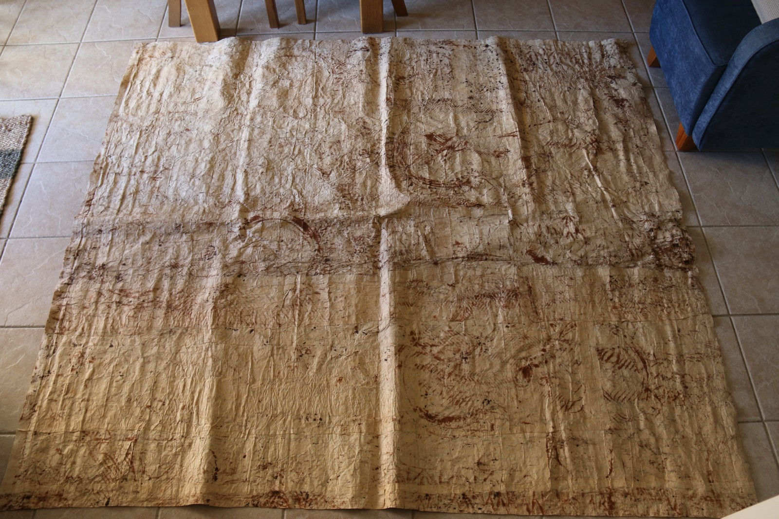 Huge Old Polinesian Tribal Hand Made Tapa Cloth 216cm x 196cm or 85inch x 77inch