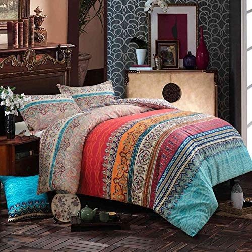 Comforter Set Size, 3pc Boho Red Blue Queen Boho Retro Striped Comforter Set