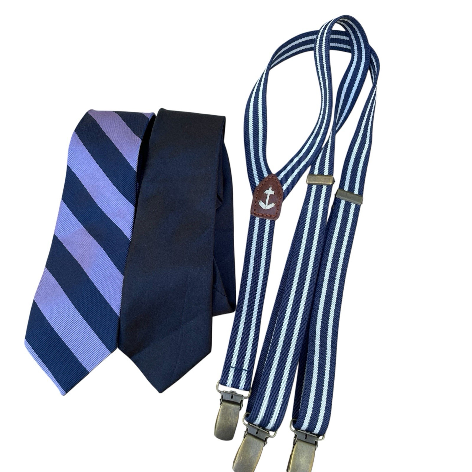 Boy's J CREW CREWCUTS Lot of 2 Neckties and Suspenders Navy Purple Stripe 2.5x52