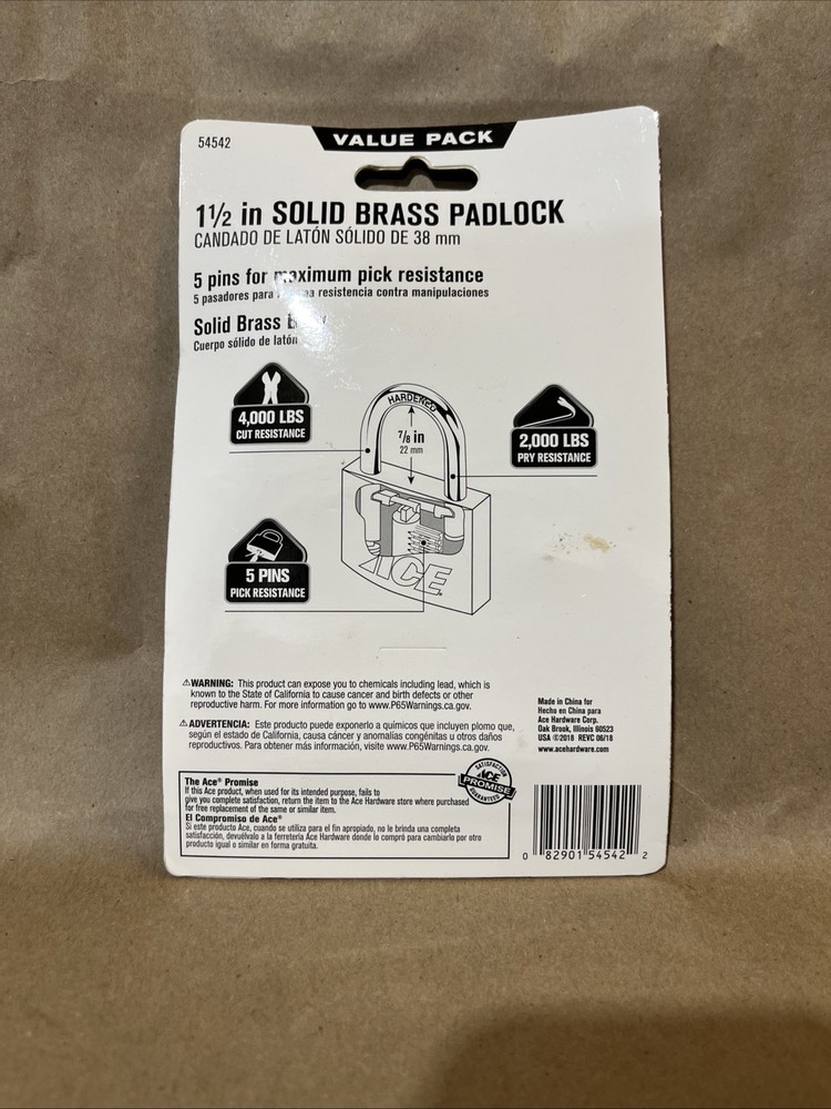 Ace Hardware Solid Brass Body High Security 1 1/2” 54542
