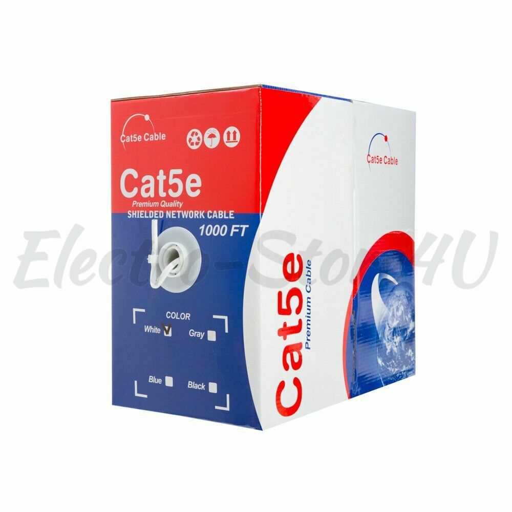 Shielded 1000ft Cat5e Cable White Network FTP Solid Ethernet Lan 24AWG Bulk Wire