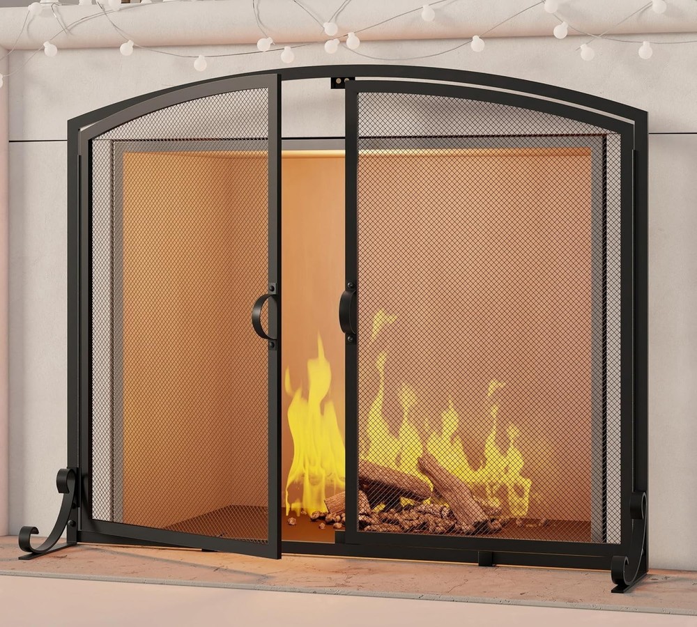 2-Pannel Fireplace Screen with Doors, Handcrafted Solid Mesh,Stable Adjustable F