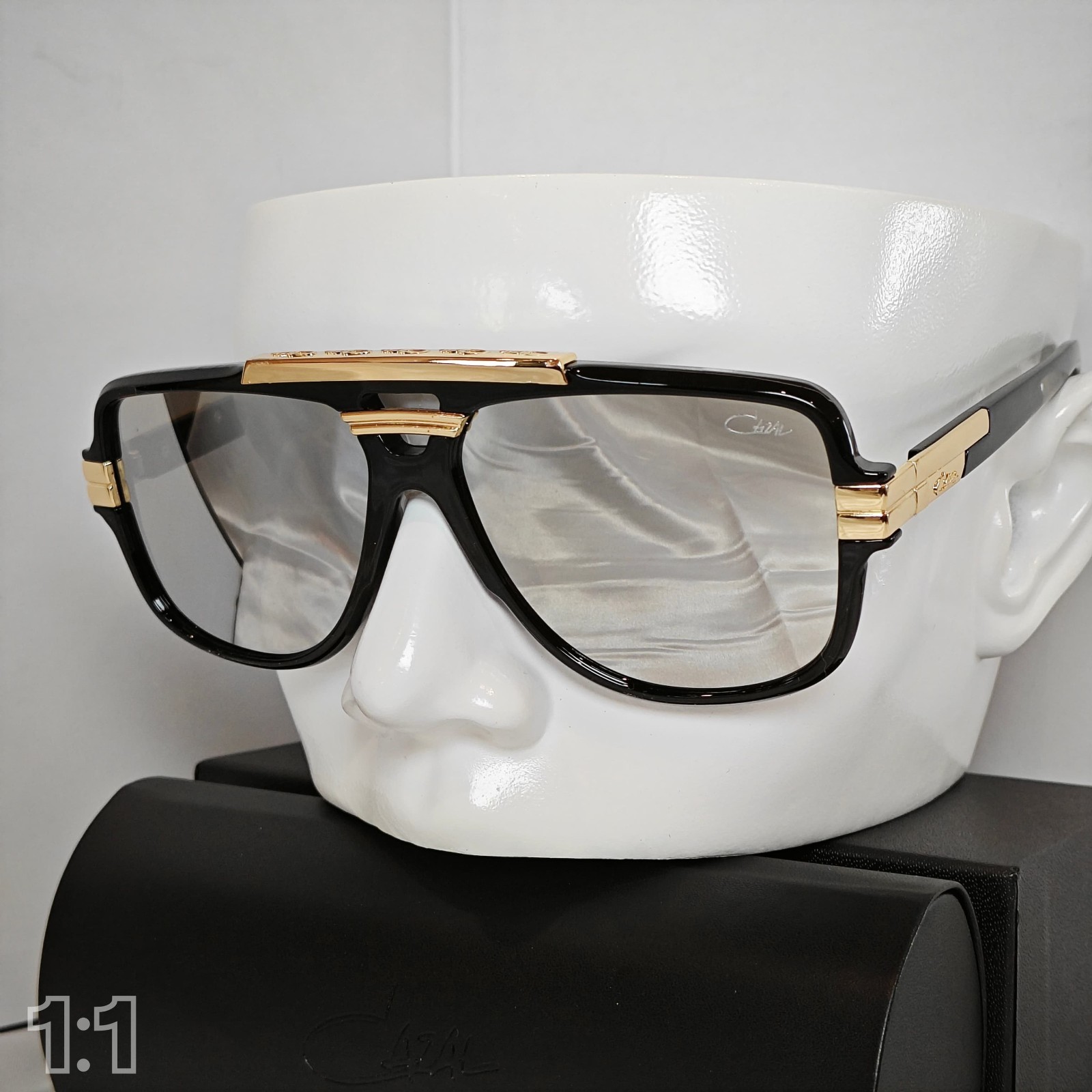 Cazal Sunglasses Horizontal Logo Black Golden Frame Glasses Reflective Lens